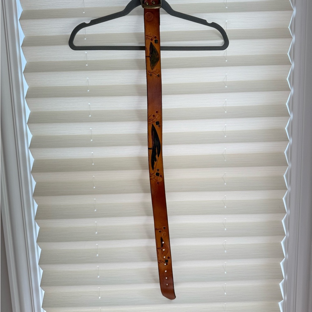 Vintage Brown Leather Belt with Feather Design
